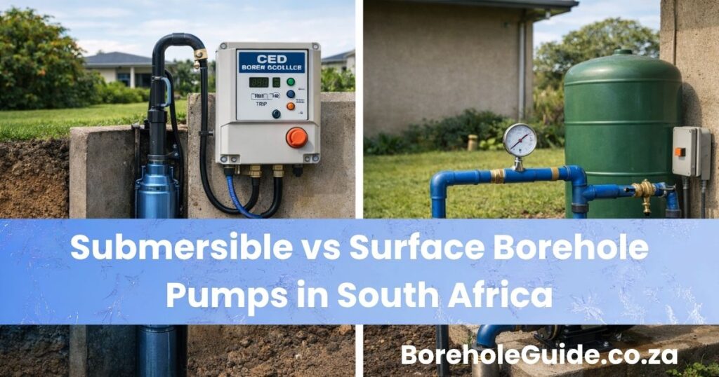 Side-by-side view of submersible and surface borehole pump systems on a South African property