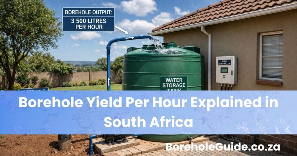 Borehole water filling a storage tank with litres per hour yield concept at a South African home