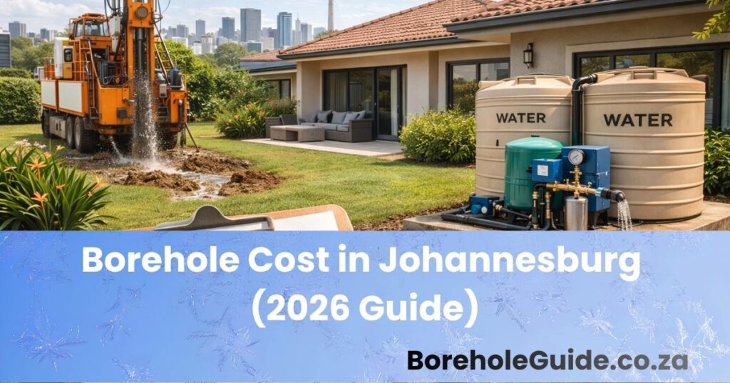 Residential Johannesburg borehole drilling and water system cost planning scene with drilling rig, pump, tanks, and suburban home