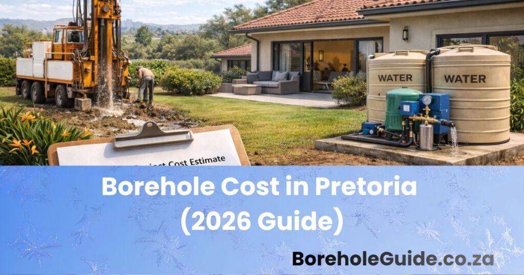Residential Pretoria borehole cost planning scene with suburban home, drilling rig, pump, tanks, and water system components