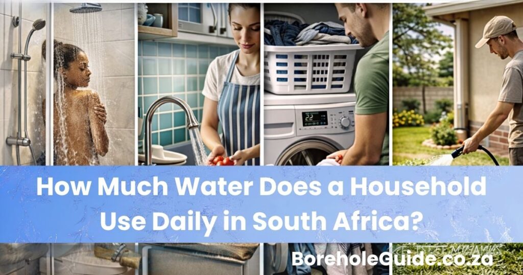 South African household water use concept with taps, shower, toilet, washing machine, and water storage tank