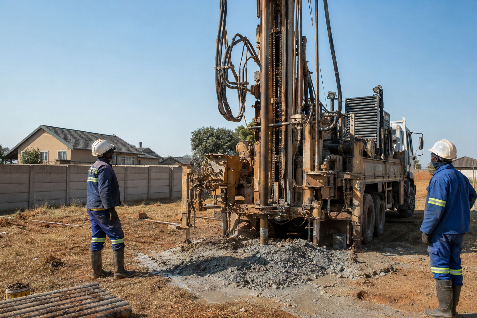 Borehole drilling rig operating at a South African residential property
