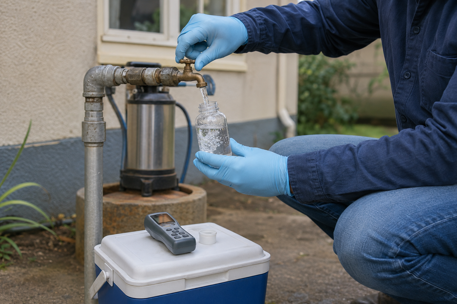 Collecting a borehole water sample for laboratory testing at a home