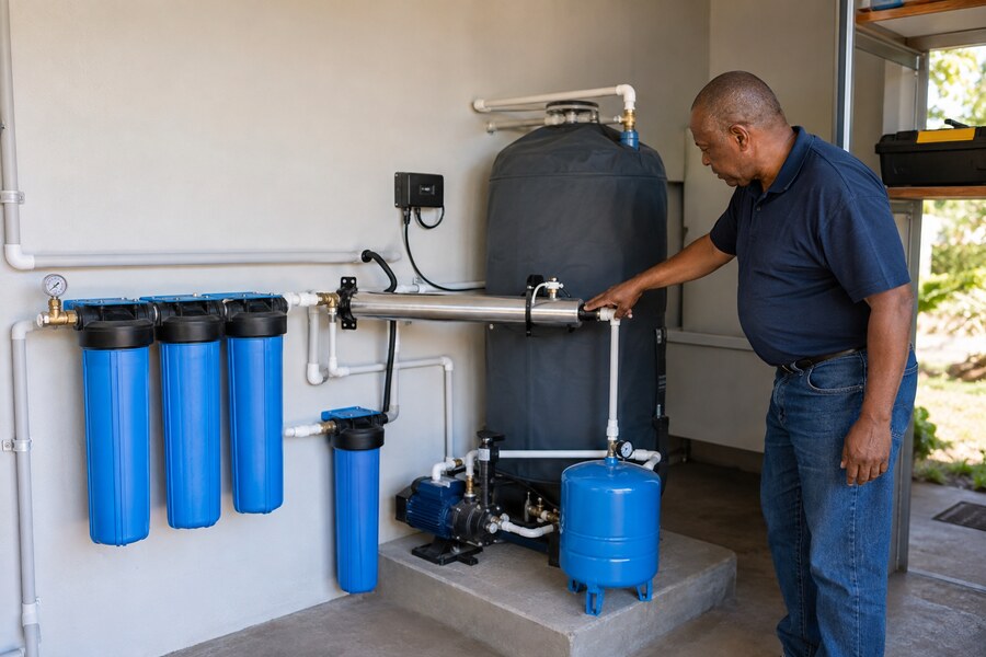 Technician inspecting a domestic borehole water treatment system
