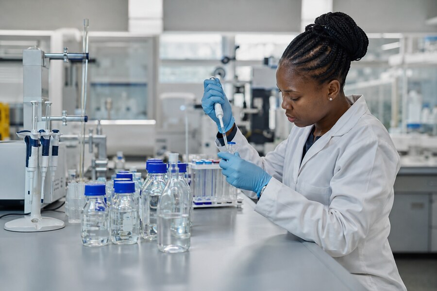 Water scientist analysing private groundwater samples in a laboratory