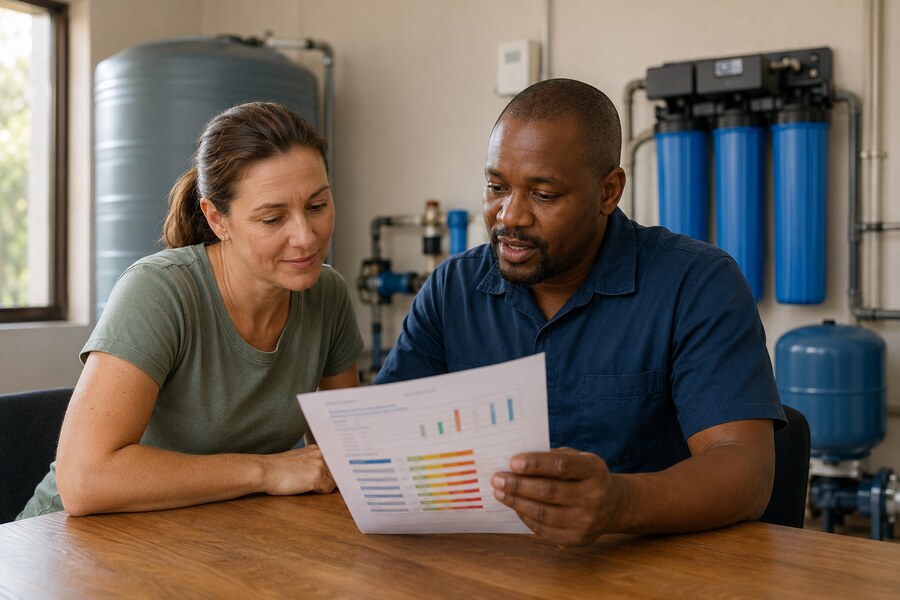 Homeowner reviewing water-test results with a treatment professional